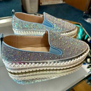 Dazzling Rhinestone Platform Slip-Ons. Denim blue
